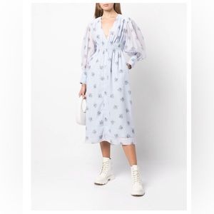 GANNI puff-sleeve floral-print midi dress; Like New, Size 32/Small